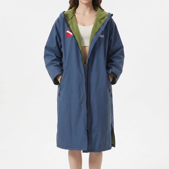 Outdoor changing robe with hood for discrete pre/post swim & surf changes.