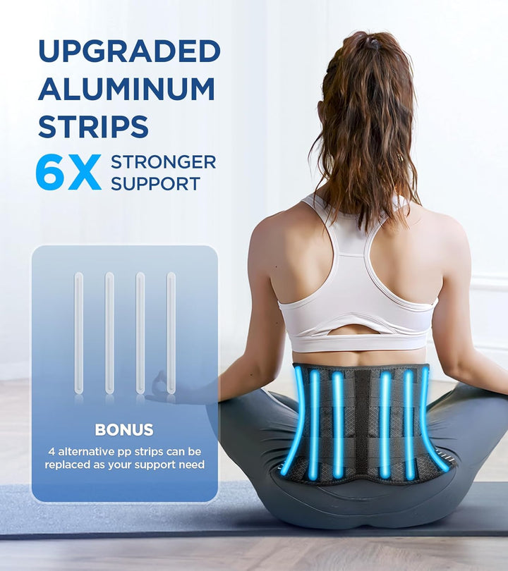 Man wearing a black unisex lumbar back brace for effective lower back pain relief & core support.