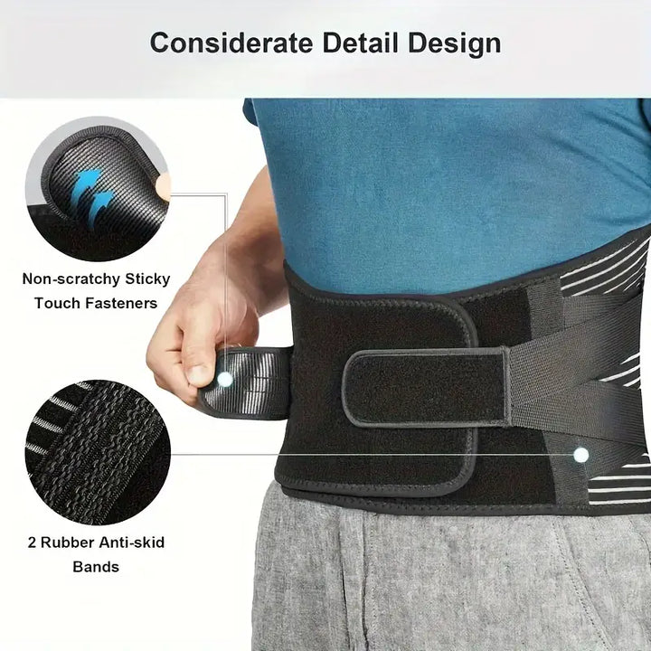 Unisex athletic back support brace. Adjustable, breathable for active lifestyle & injury prevention.