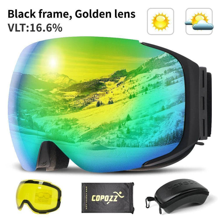 Ski goggles on a snow-covered mountain, showcasing outdoor gear functionality