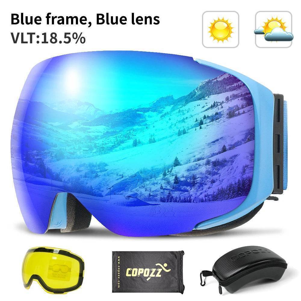 Close up of colorful magnetic ski goggles lens, anti-fog and UV400 protective