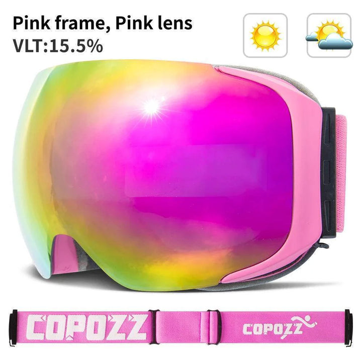 Magnetic snowboard goggles with wide field of vision and anti-fog treatment