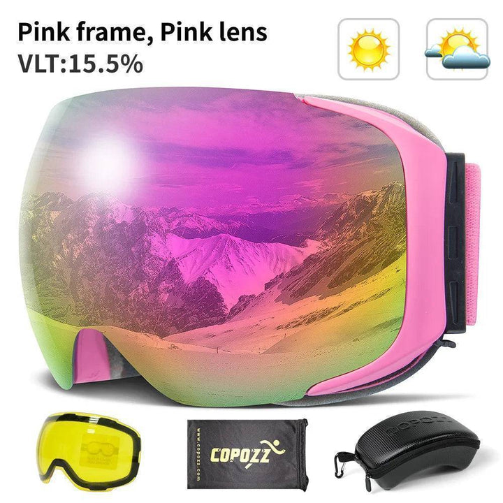 Collection of magnetic ski goggles in various colors, all with UV400 protection
