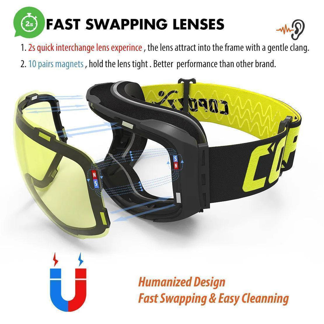 Close-up of magnetic ski goggles showing quick-change lens mechanism for snowboarders