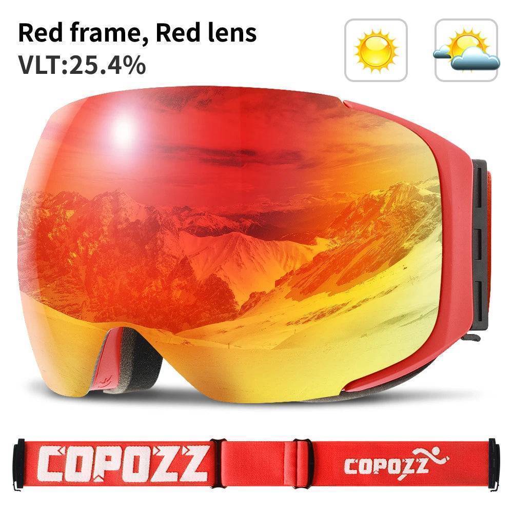 Action shot of person wearing magnetic ski goggles, enjoying winter sports safely