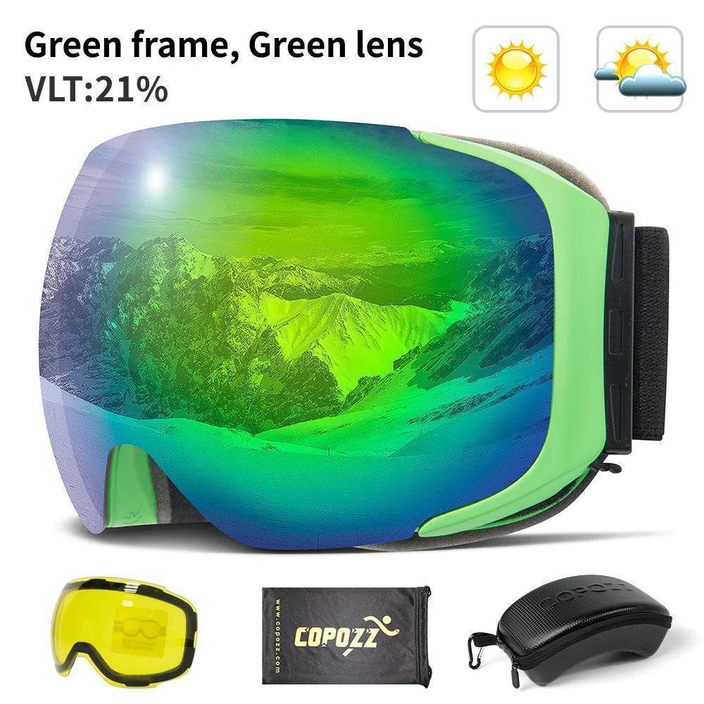 Anti-fog snowboard goggles with strong magnetic lens for quick changes, UV400 protection