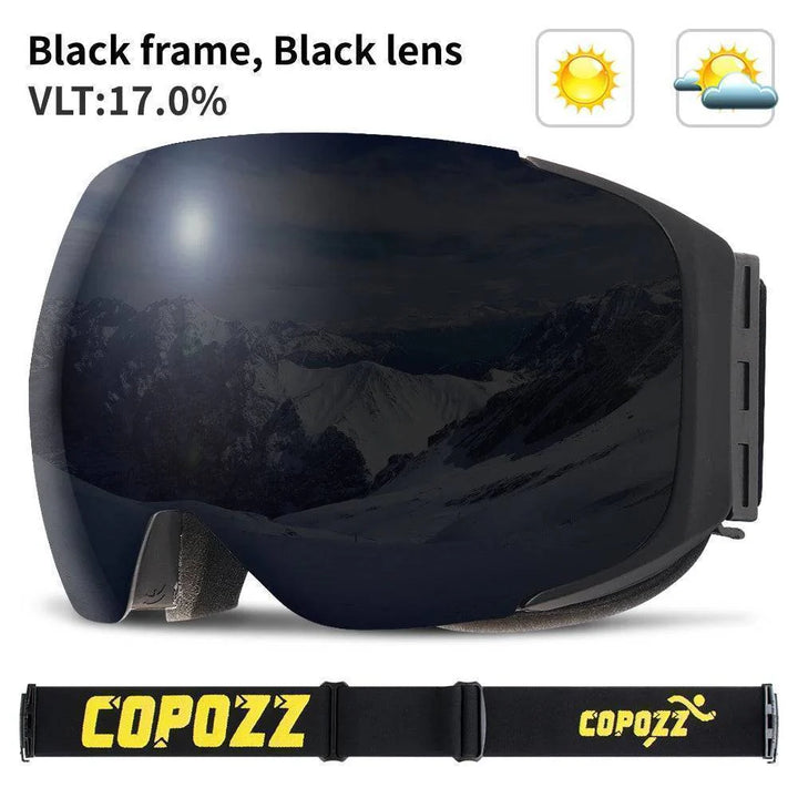 Detail of UV400 protective lens on unisex magnetic ski goggles for winter sports