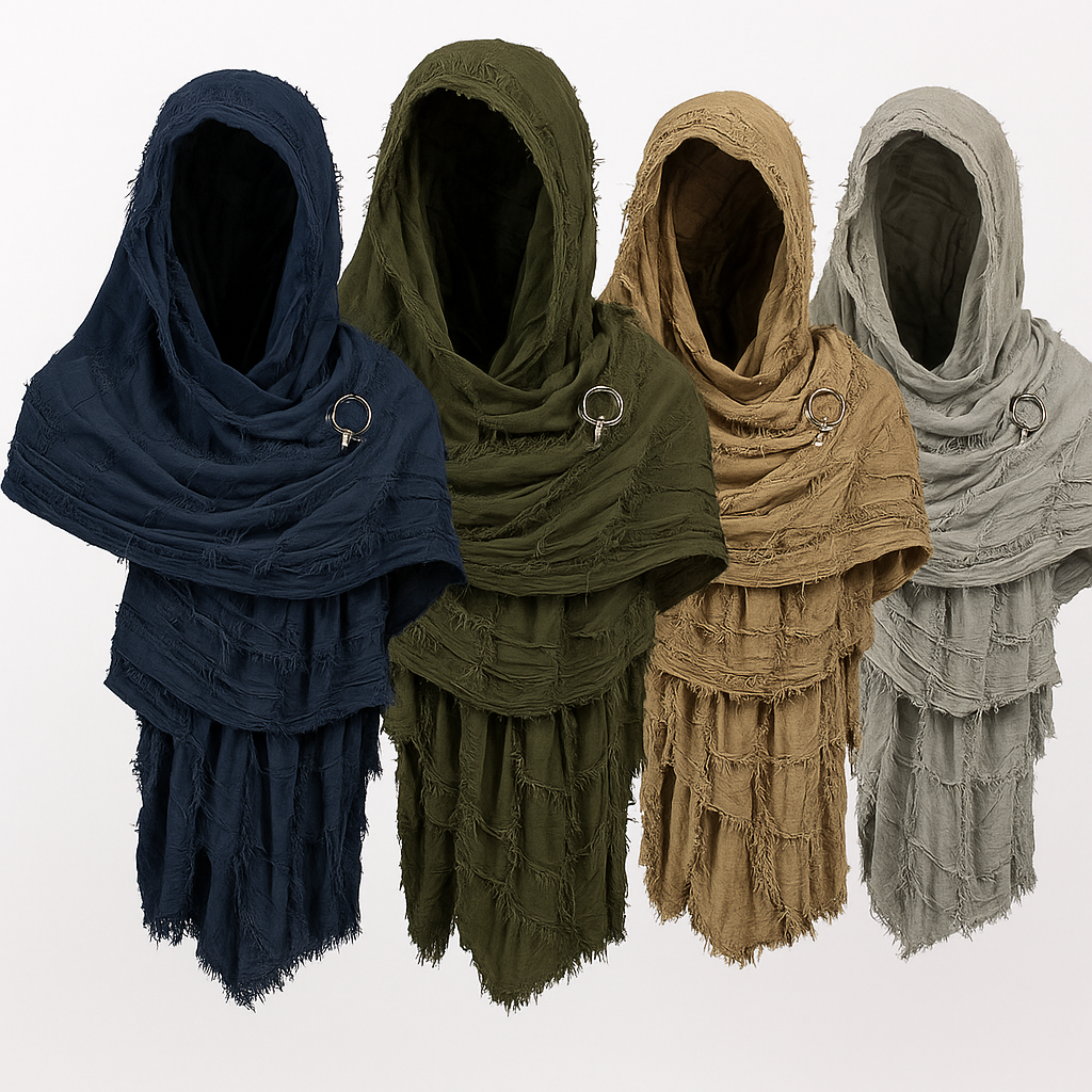 Person wearing a long medieval wanderer's cloak, perfect cosplay costume for a fantasy adventure. Unisex.