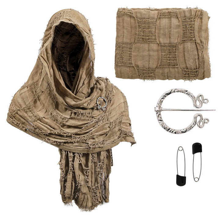 Grey linen unisex medieval cloak with hood, suitable for cosplay, Halloween, and fantasy roleplay events.