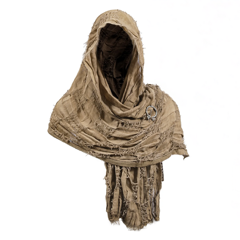 Detailed view of a hooded medieval wanderer's cloak, perfect historic costume for Renaissance faire or LARP.