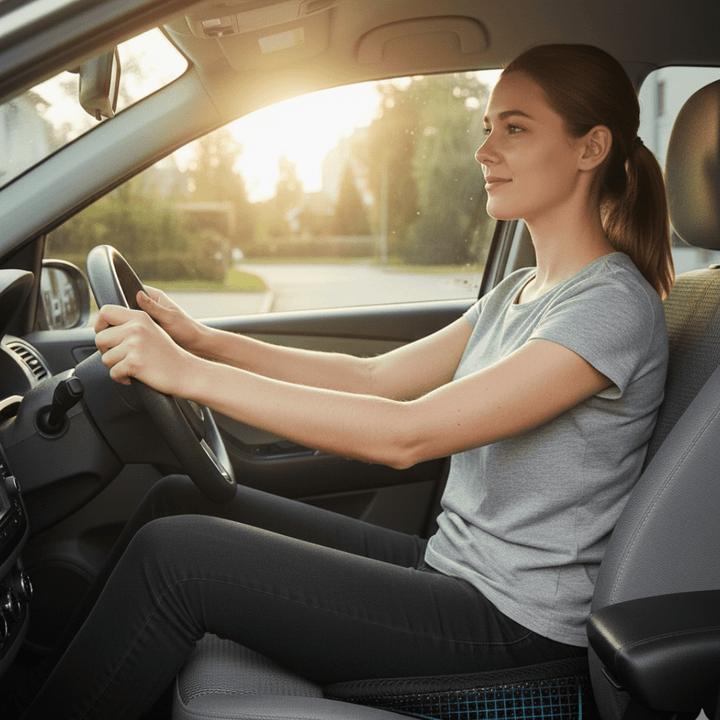 Ergonomic memory foam car cushion for sciatica and back pain relief. Provides excellent posture support for driving.