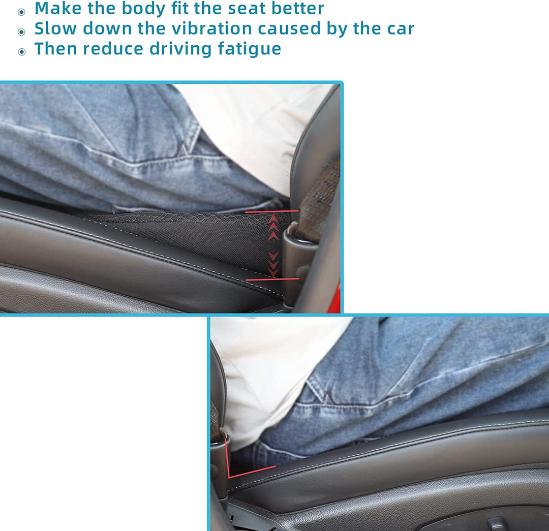 Car seat cushion for shorter drivers, solving visibility issues & providing crucial lumbar back support.