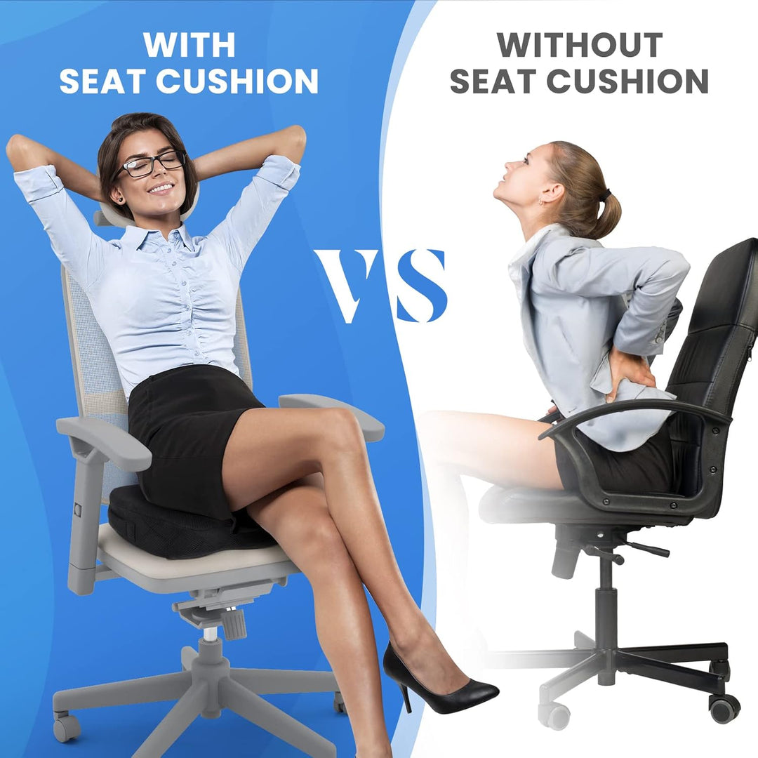 Comfortable memory foam seat cushion for long drives, offering pain relief & back support for car seats.