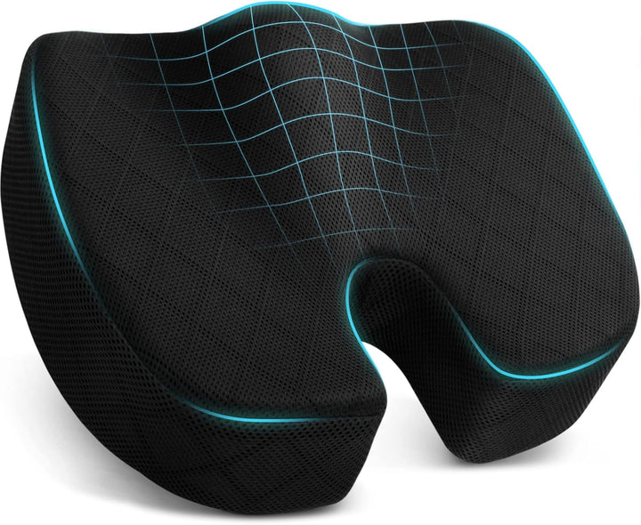 Office chair memory foam cushion to relieve tailbone pain and improve posture during work.