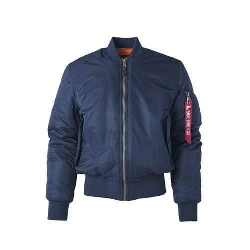 Back view of a classic navy blue military bomber jacket, offering unisex casual outerwear appeal.