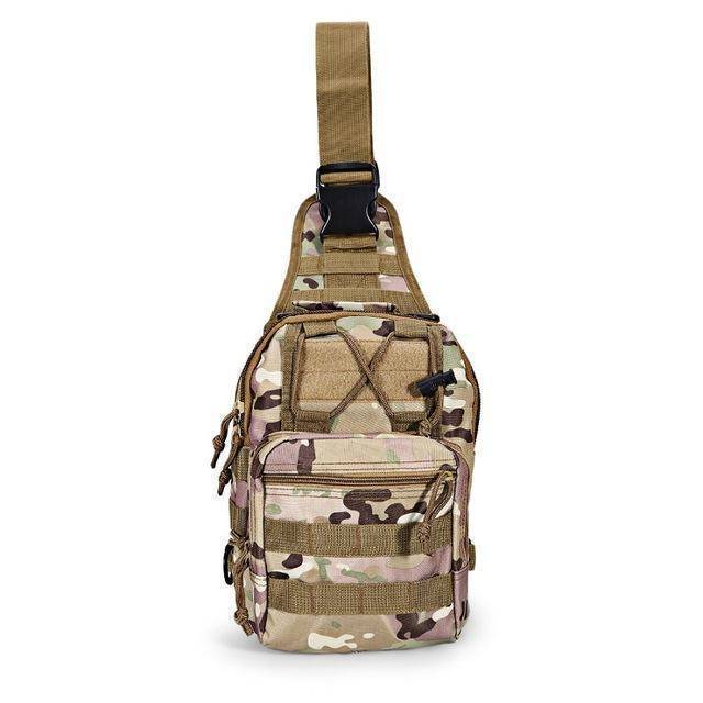 Heavy-duty zippers on a tactical sling bag, built for durability in survival situations