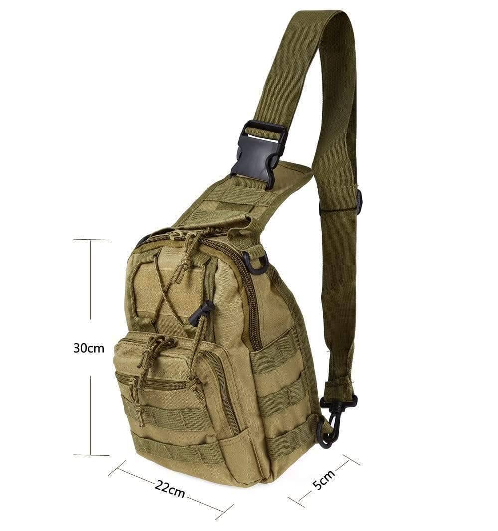 Front view of black tactical survival sling backpack with multiple pockets, unisex design