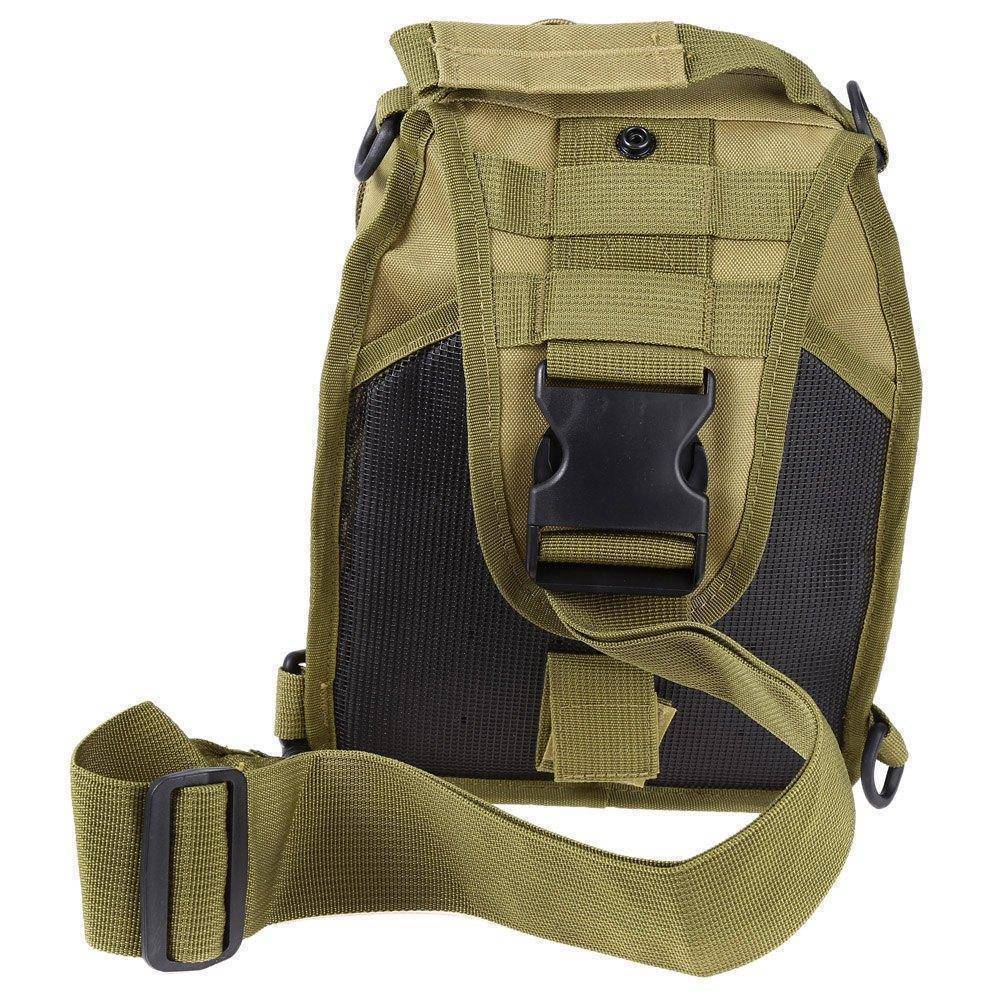 Model wearing a desert tan tactical sling shoulder backpack, ready for survival & hiking