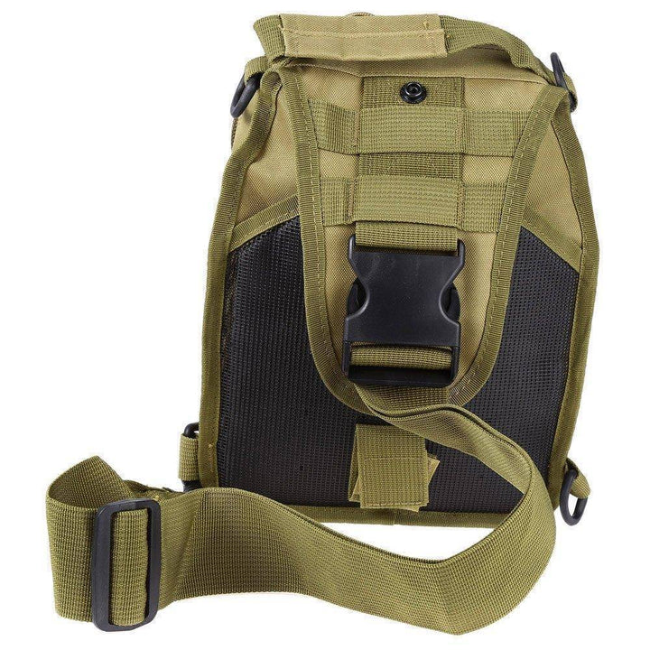 Model wearing a desert tan tactical sling shoulder backpack, ready for survival & hiking