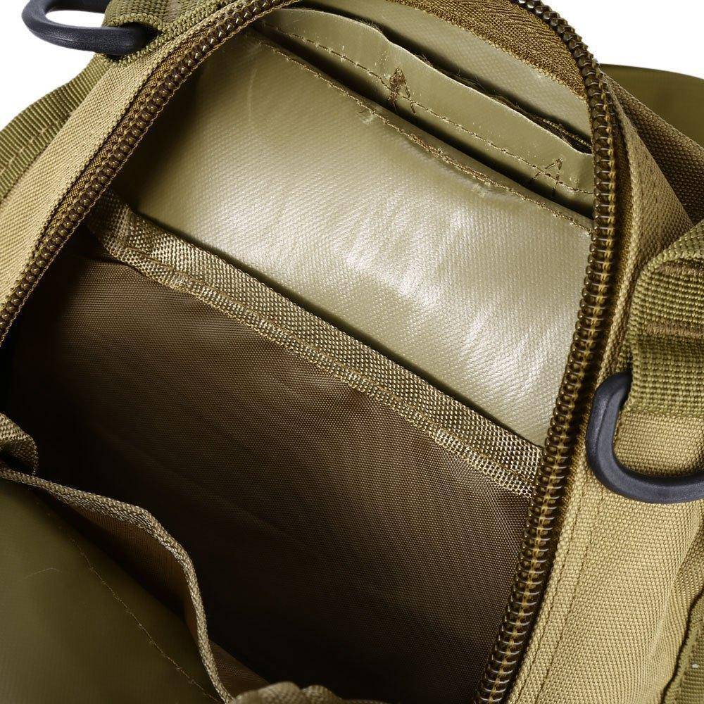 Spacious main compartment of a tactical sling backpack, showing survival gear capacity