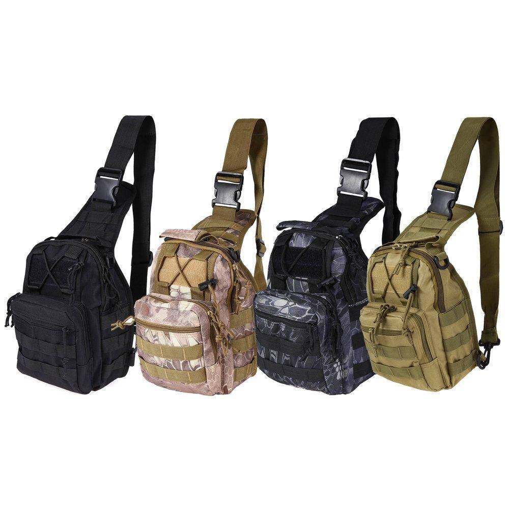 Detail of MOLLE webbing on a military tactical sling shoulder backpack for extra attachments