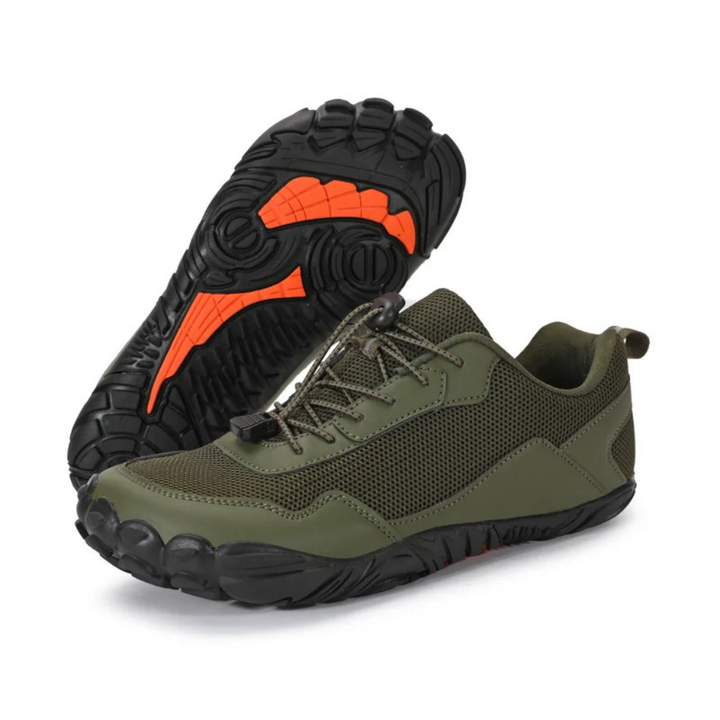 Flexible barefoot hiking shoes in gray, ideal for minimalist outdoor trail walking