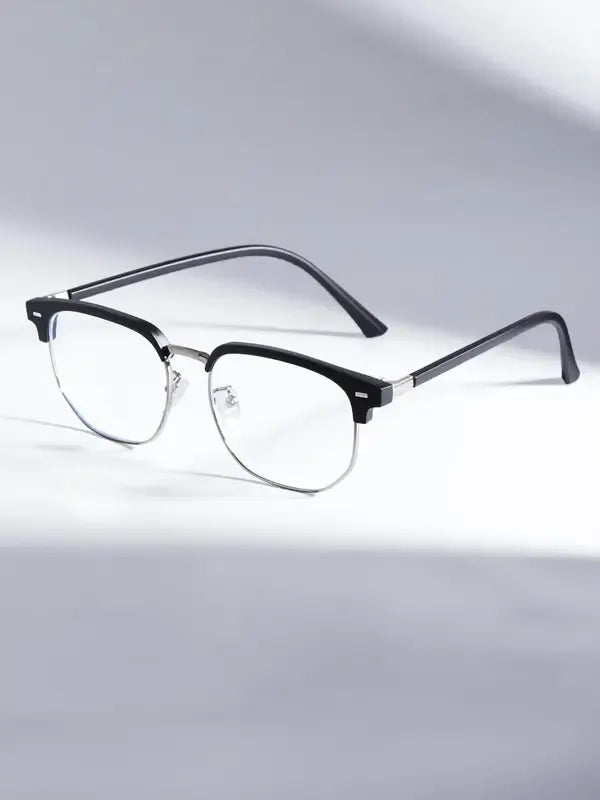 A person wearing stylish unisex minimalist blue light blocking glasses. Perfect browline acetate eyewear for digital use.
