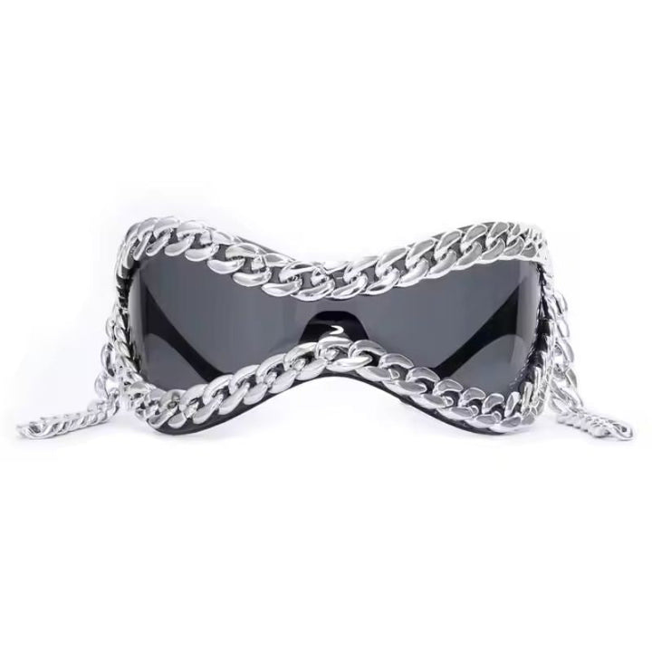 Bold unisex wrap-fit mirrored sunglasses. Black frame, silver lenses, distinctive chain accent. Fashion statement.