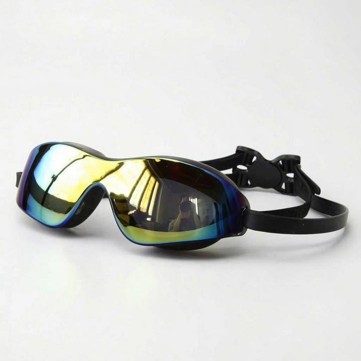 Stylish mirrored swimming goggles providing effective glare protection for unisex swim and watersports enthusiasts.