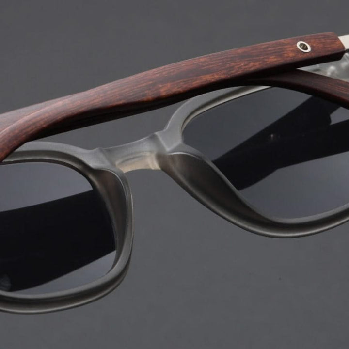 Modern unisex sunglasses, lightweight with scratch-resistant lenses & unique acetate wood frame.