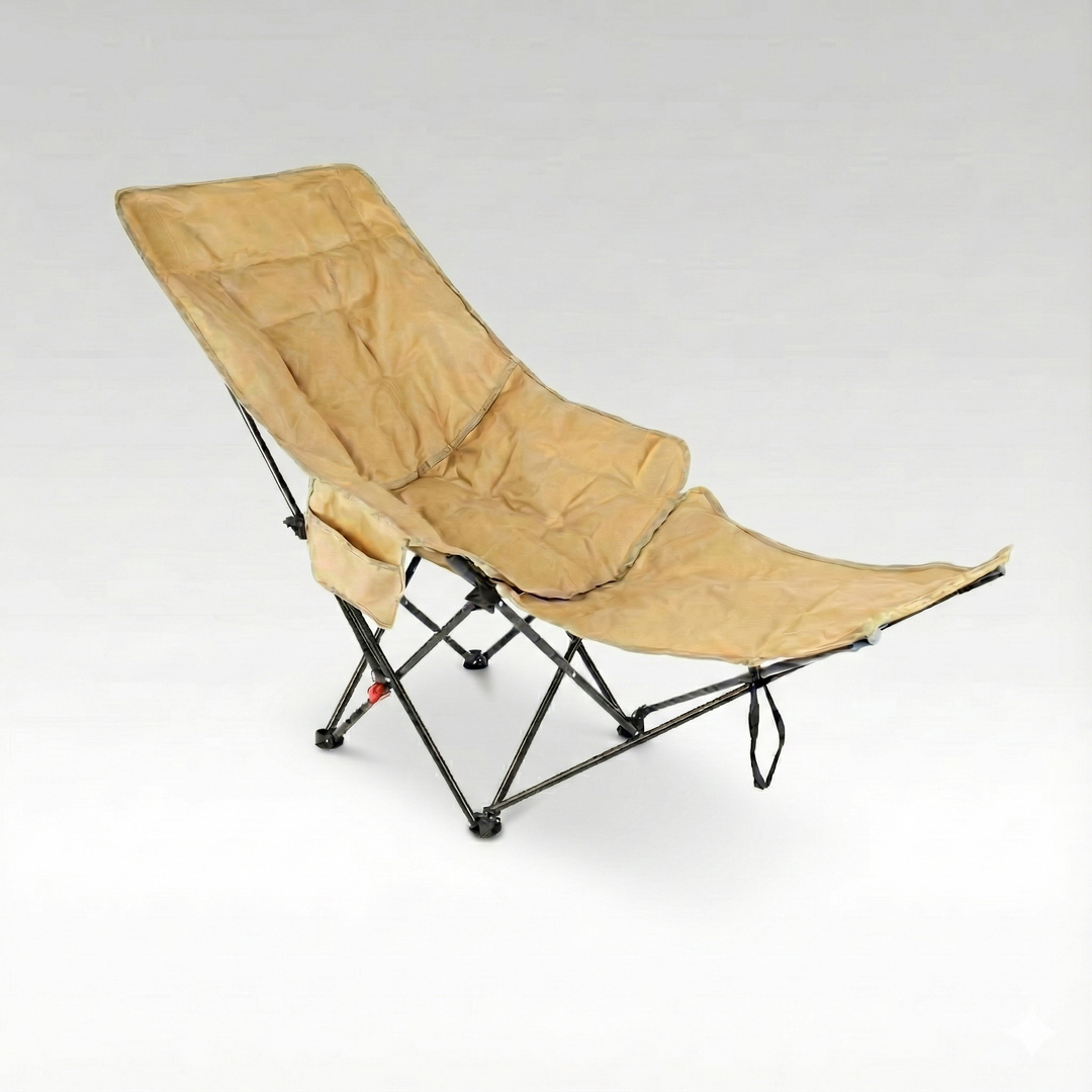 Unisex moon chair, reclining, with adjustable leg rest for ultimate outdoor comfort and relaxation.