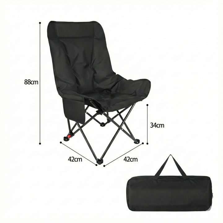 Portable reclining moon chair, blue fabric, with easy-to-adjust leg rest mechanism for users.