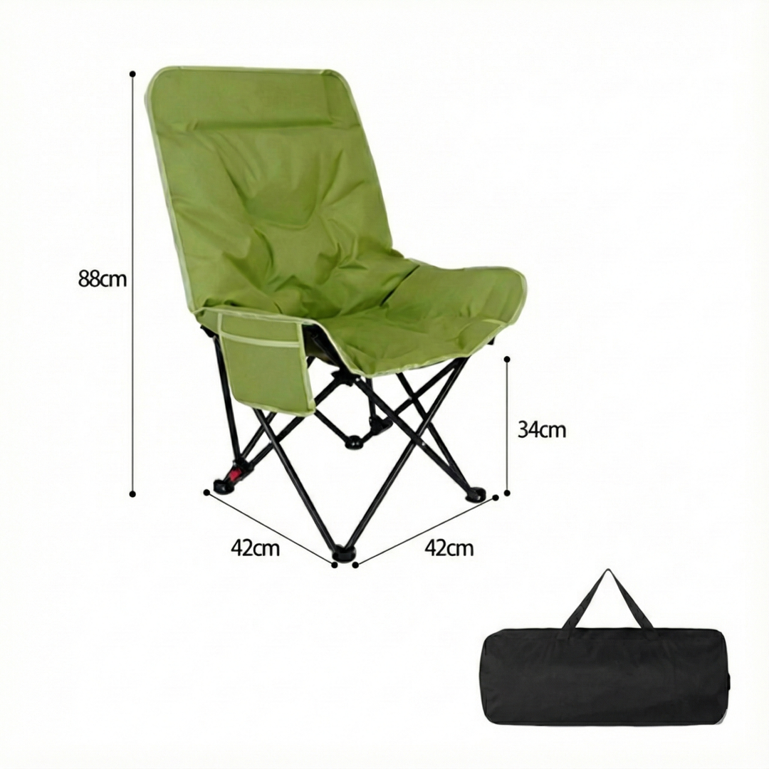 Durable moon chair, black, designed for versatile outdoor use, featuring a robust folding frame.