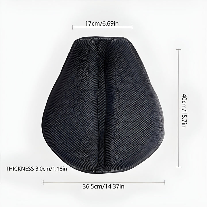 Rider's view of a motorcycle seat with a comfortable gel pad, ensuring a smooth, long-distance ride.