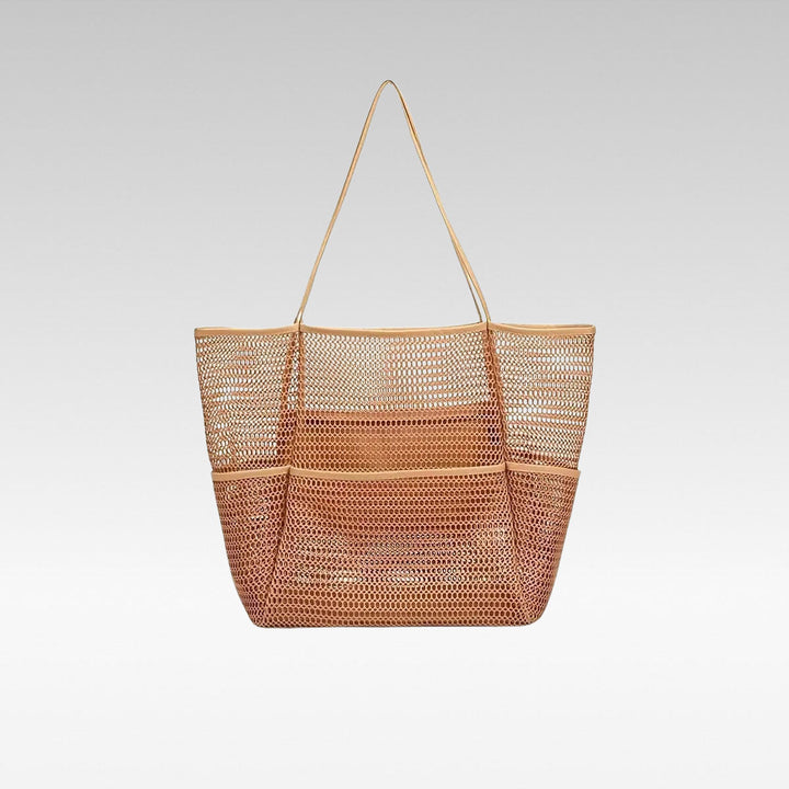 Unisex multi-pocket mesh beach tote bag, blue, with front compartments, for swim & travel storage