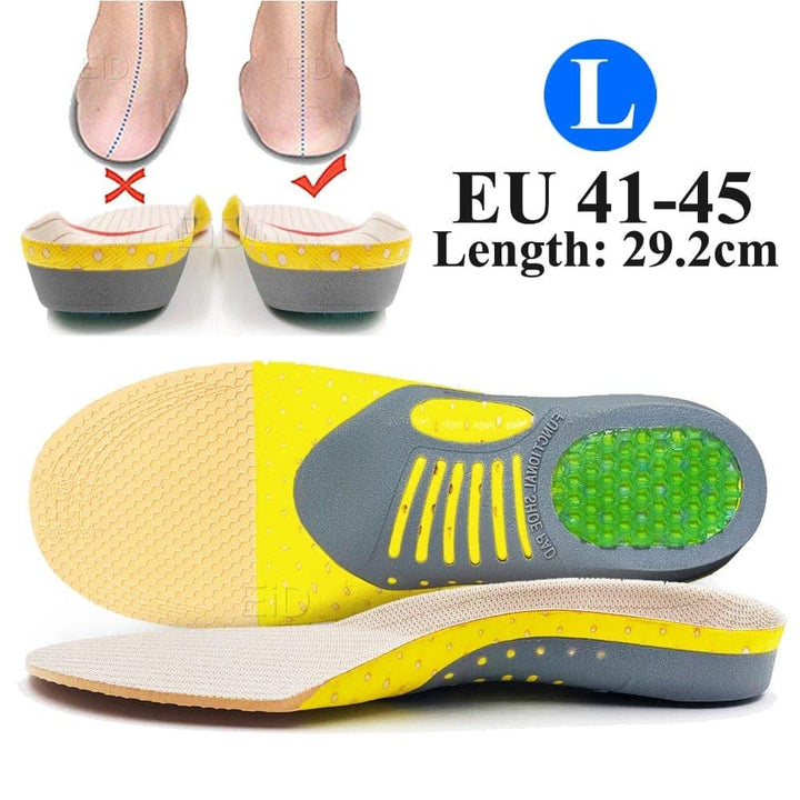 Orthotic gel insoles with deep arch support for plantar fasciitis. Relieves foot pain & promotes foot health.