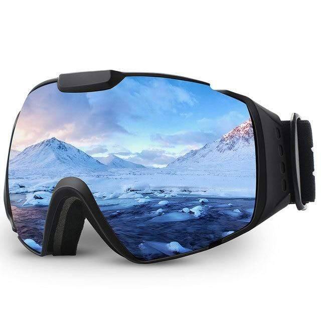 Detail shot of snowboard goggles, highlighting anti-fog lens and helmet compatible strap for skiing.