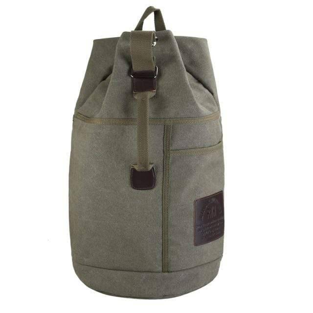 Unisex grey canvas travel rucksack with drawstring opening, ideal for hiking and camping.