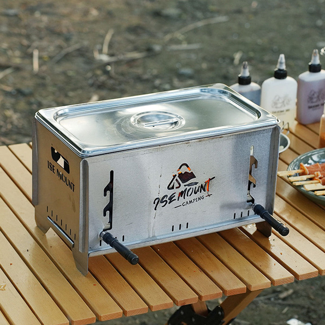 Efficient multi-function charcoal camp grill and stove for all outdoor cooking needs.
