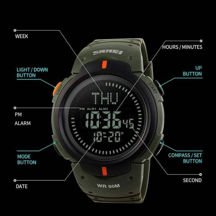 Tactical black digital watch for men and women, featuring a built-in compass.