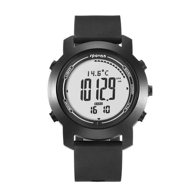 Rugged digital sports watch for men and women, featuring compass, altimeter, and durable black strap, adventure ready.