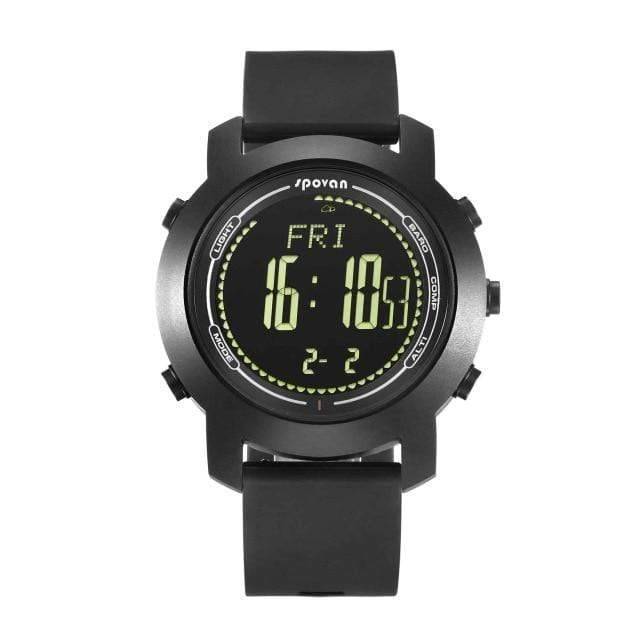 Close-up of unisex digital outdoor watch showcasing compass function and clear time display, perfect for hiking.