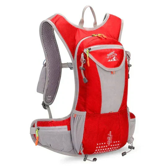 Close-up of a unisex waterproof outdoor backpack showing its material and storage compartments.