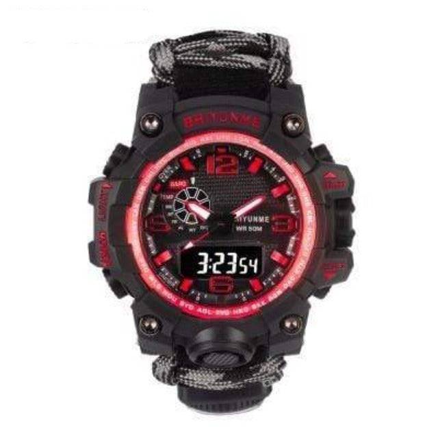 Close-up of a survival gear digital watch, highlighting its robust casing and clear easy-to-read display.