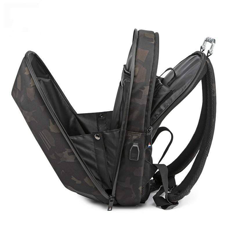Open main compartment of the outdoor music box backpack, showcasing ample storage space.