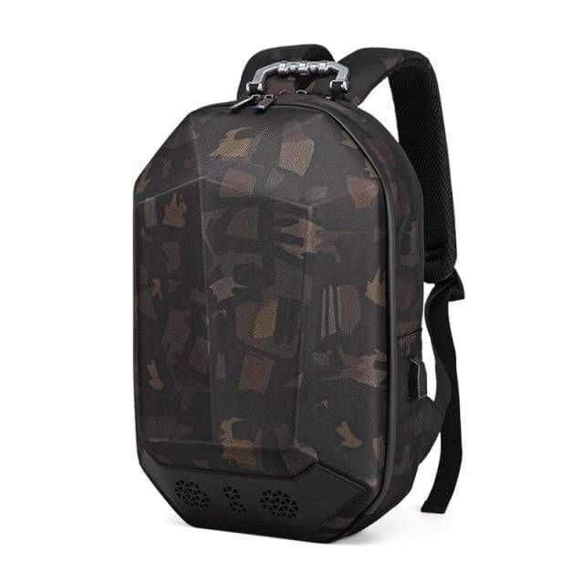 The outdoor music box backpack resting on a hiking trail, ready for travel and music on the go.