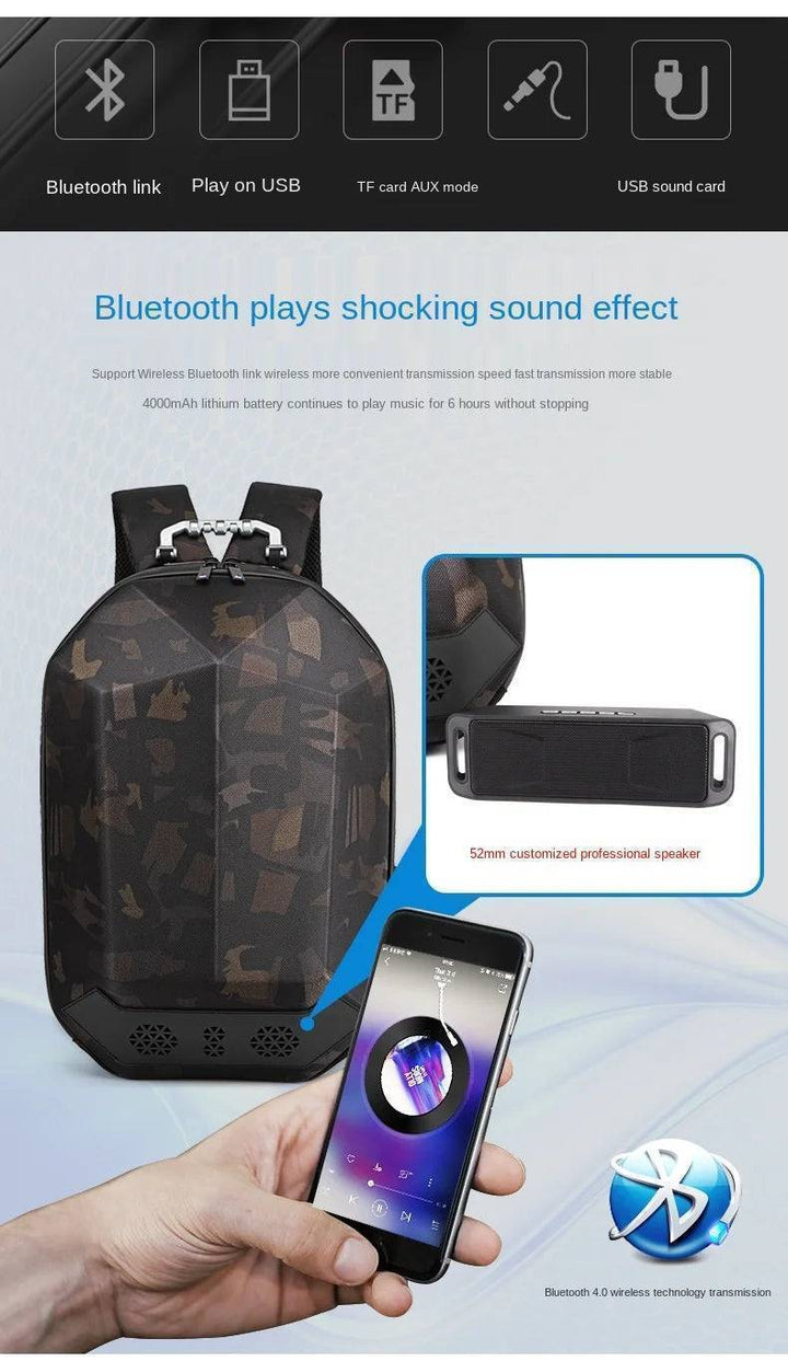 Versatile black unisex backpack with built-in music box, perfect for outdoor adventures and travel.