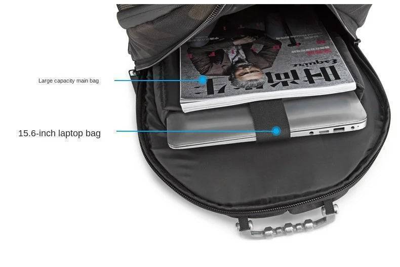 Backpack for men and women, designed for outdoor use, includes music box and USB connectivity.