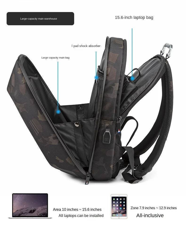 Stylish outdoor travel backpack with a hidden Bluetooth speaker and convenient USB charging access.