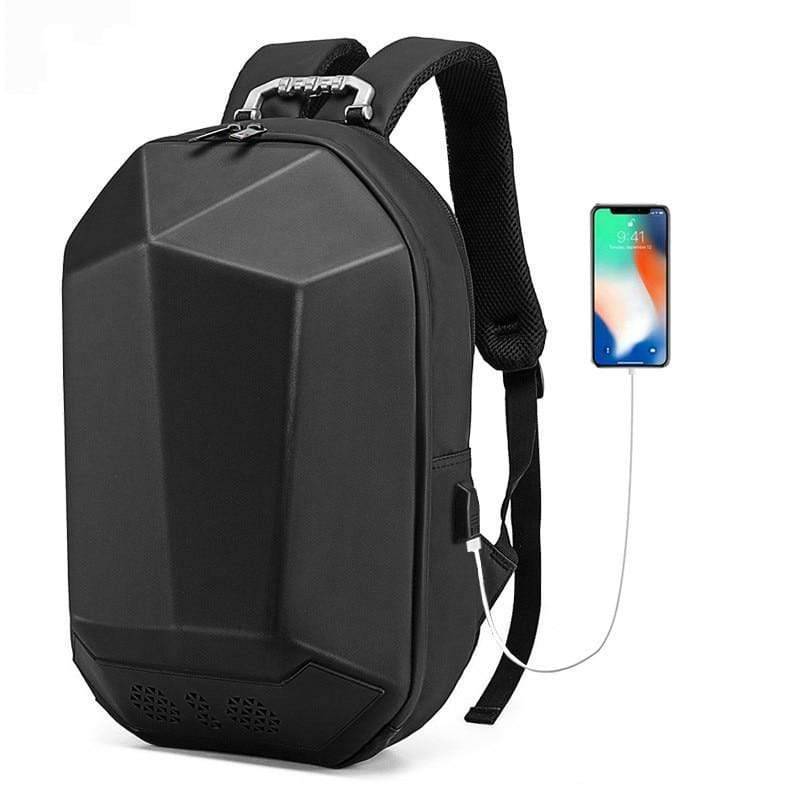 Close-up of the music box panel on a versatile outdoor backpack, showing speaker and USB port.